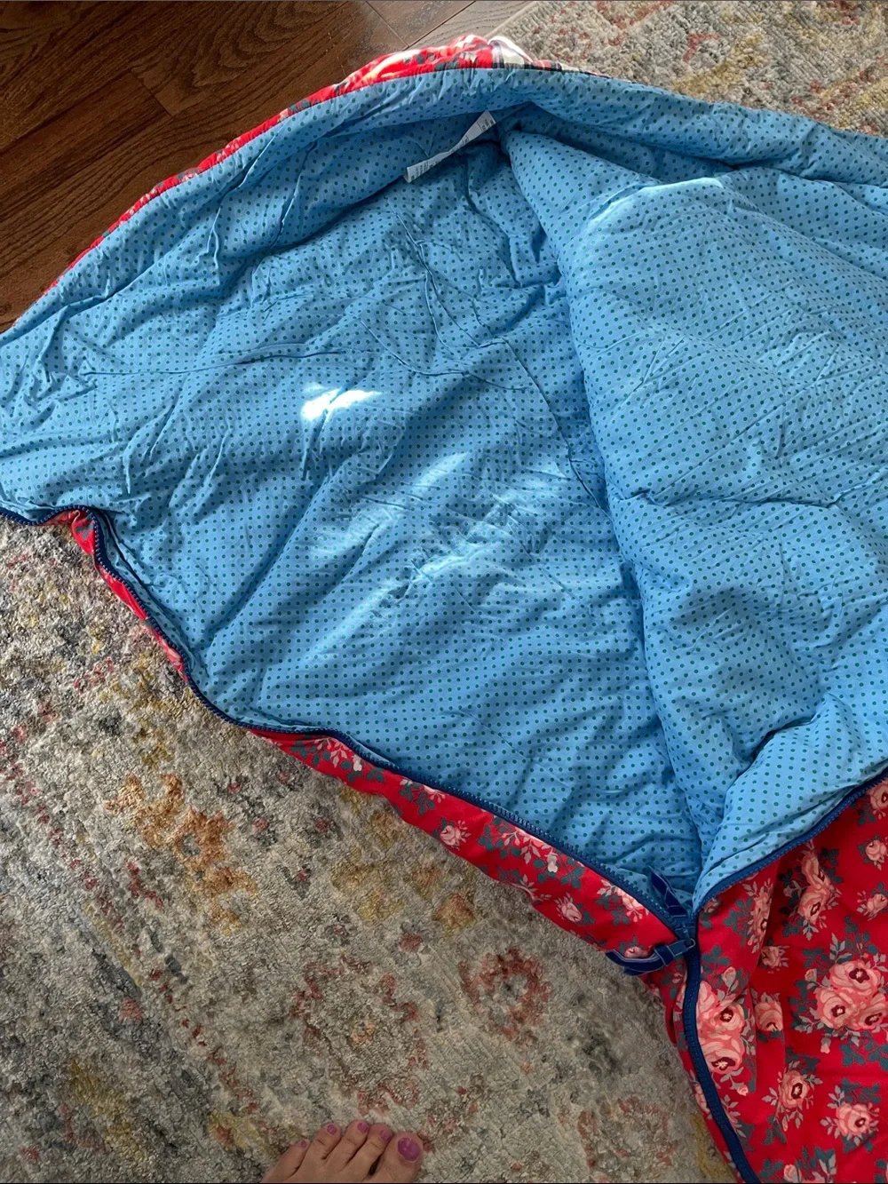 Matilda Jane Red Floral Quilted Travel sleeping bag with Blue Straps